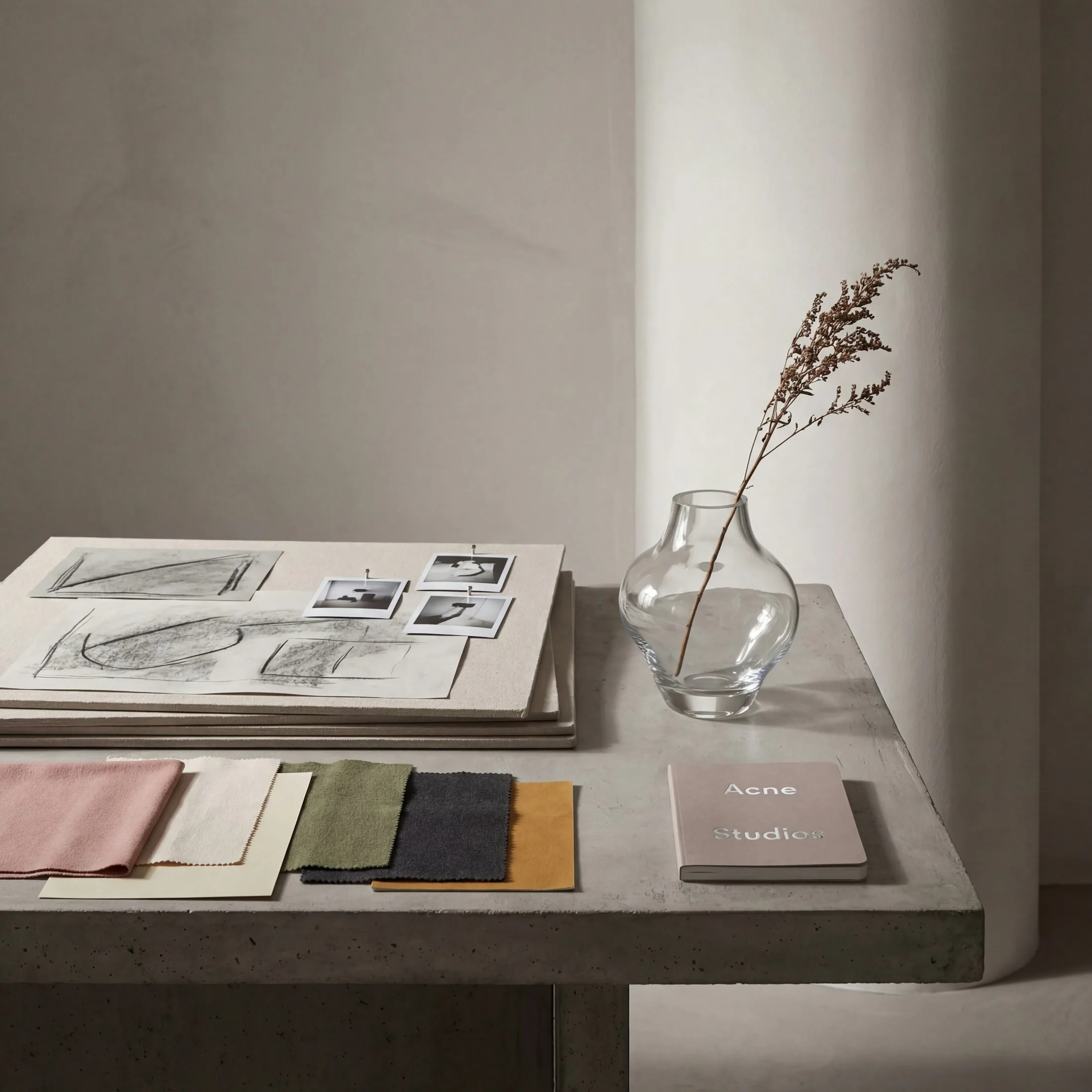 Fabric swatches and styling notes on a design table